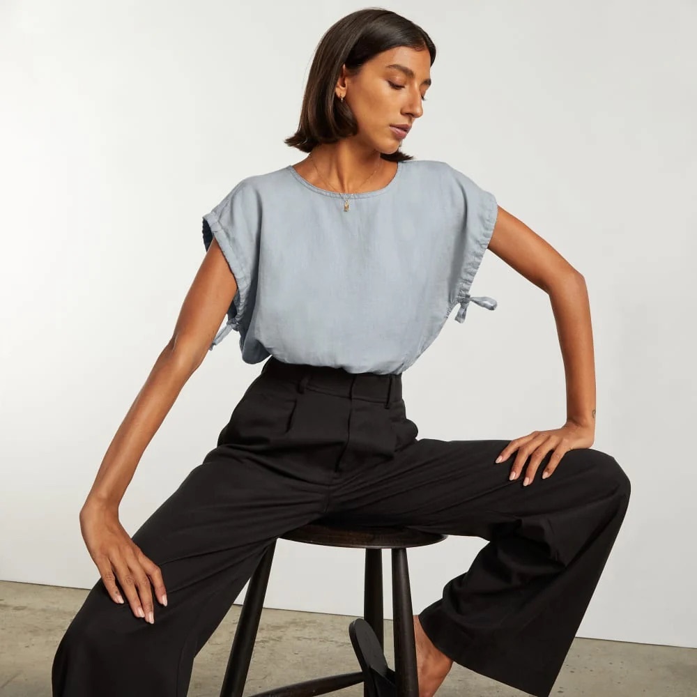 Everlane The Drawstring Tunic Top Womens Large 100% Linen in Sky Blue